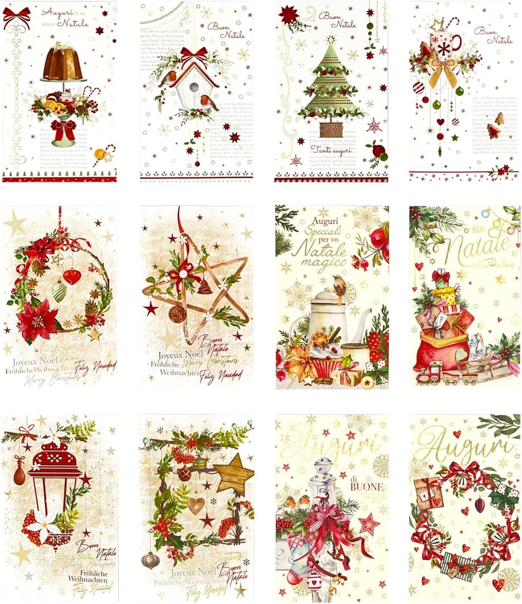 24-delige set Italiaanse kerstkaarten, kerstgroeten, 12 kaarten + 12 enveloppen voor kaarten (C)