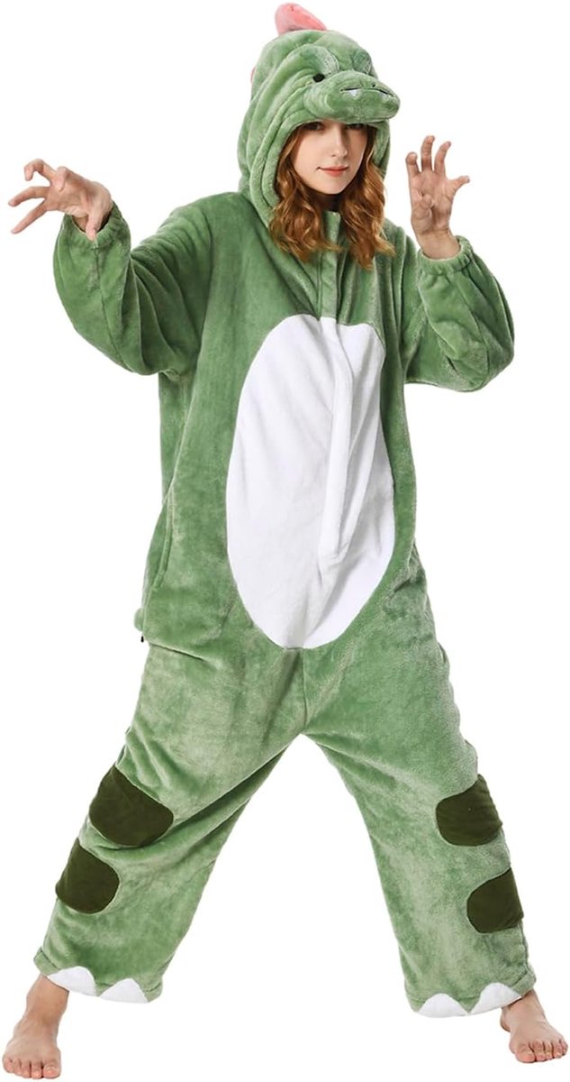 Onesie voor Volwassenen - Dierenkostuum Jumpsuit Zachte Fleece Pyjama Unisex voor Vrouwen en Mannen - Carnaval Kerst Halloween Cosplay (S, Dinosaurus)
