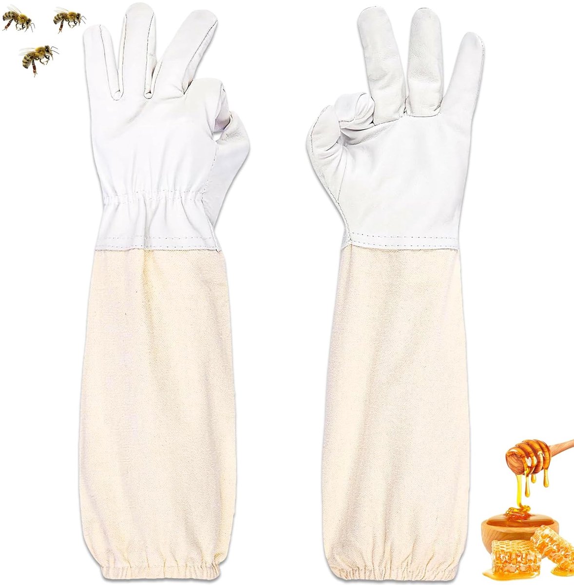 Bijenteelthandschoenen van geitenvacht, beschermde handschoenen voor imker met lange mouwen van canvas, tuinwerkhandschoenen, bijenteeltmateriaal, compatibel met beschermende outfits (wit)