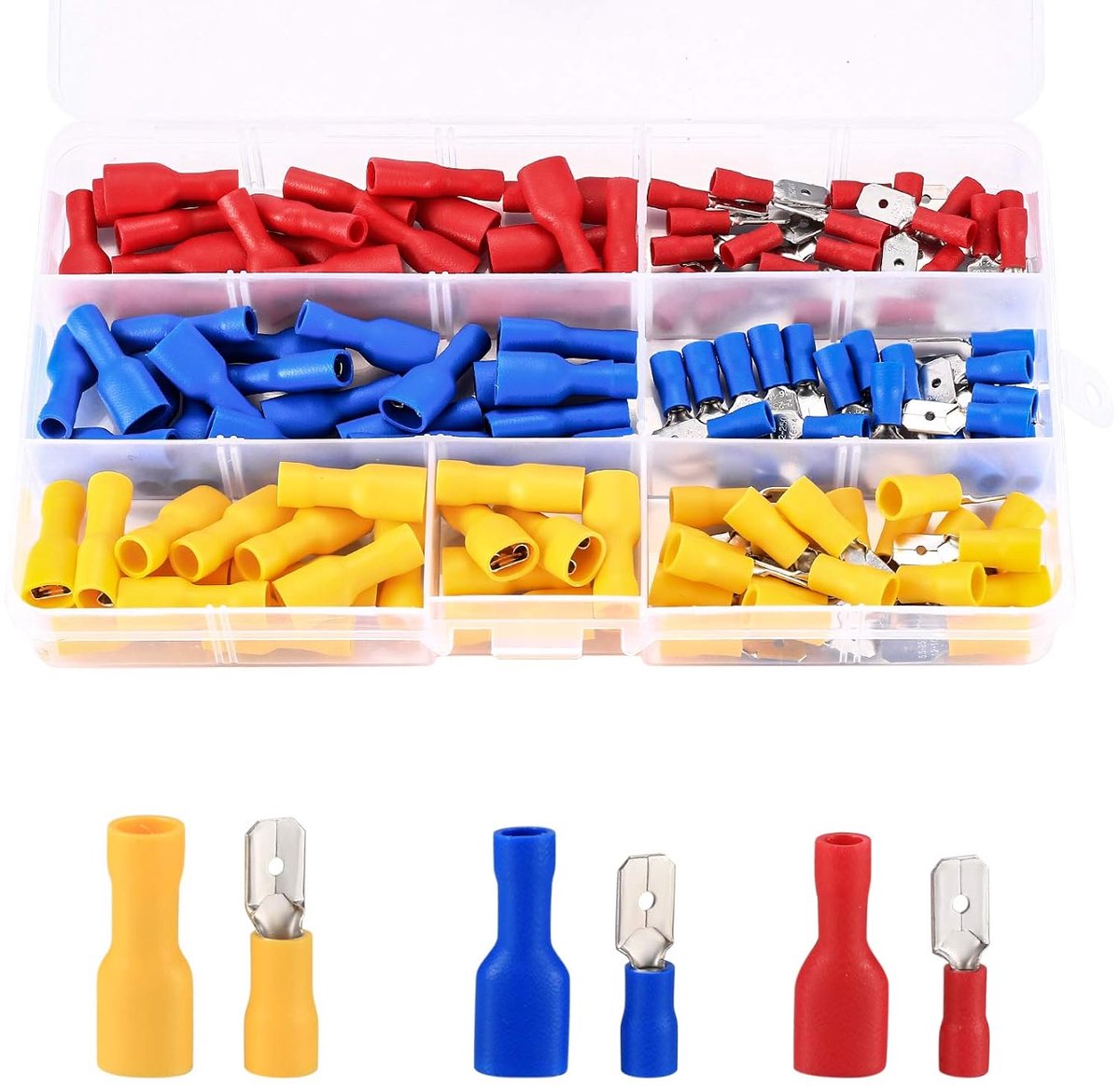 Elektrische kabelklemmen, 200 stuks, bullet kabelverbinder, knelverbinder, buttconnectors voor elektrische kabelklemmen (rood, geel, blauw)
