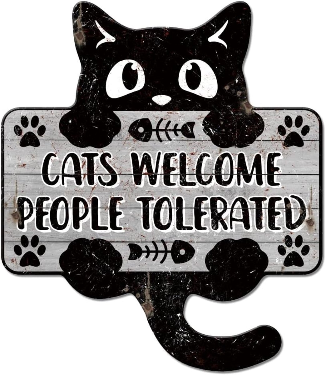 Zwarte kat metalen tinnen bord "Cats Welcome People Tolerated" vintage tinnen bord grappige kat muurdecoratie voor woonkamer slaapkamer cafetaria keuken restaurant huisdier café