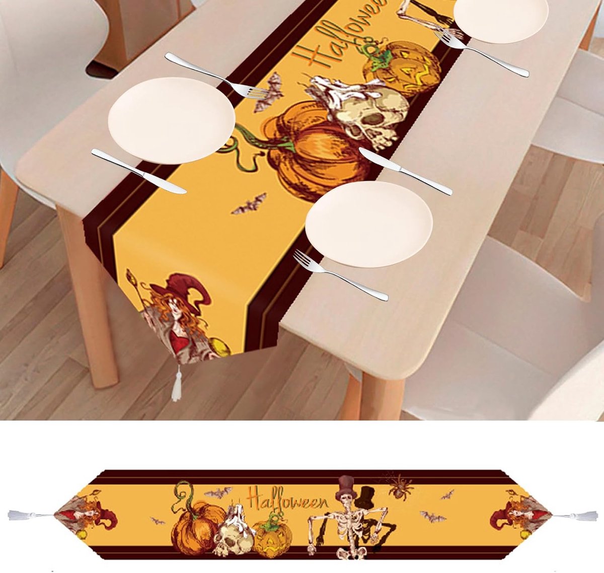 Tafelloper, Halloween-decoraties, tafellopers voor eettafel, Halloween tafeldecoratie met franje, seizoensgebonden herfst voor feesten, bijeenkomsten, decoratie, pompoenen, tovenares