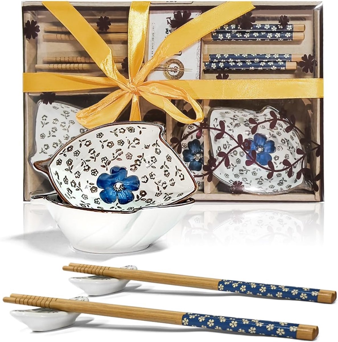 Sushi servies voor 4 personen, 12 stuks, keramiek, dipschalenset, esdoornbladvormig pruimenbloesempatroon, sushi-serveerset, perfect als cadeau voor koppels of verjaardagen