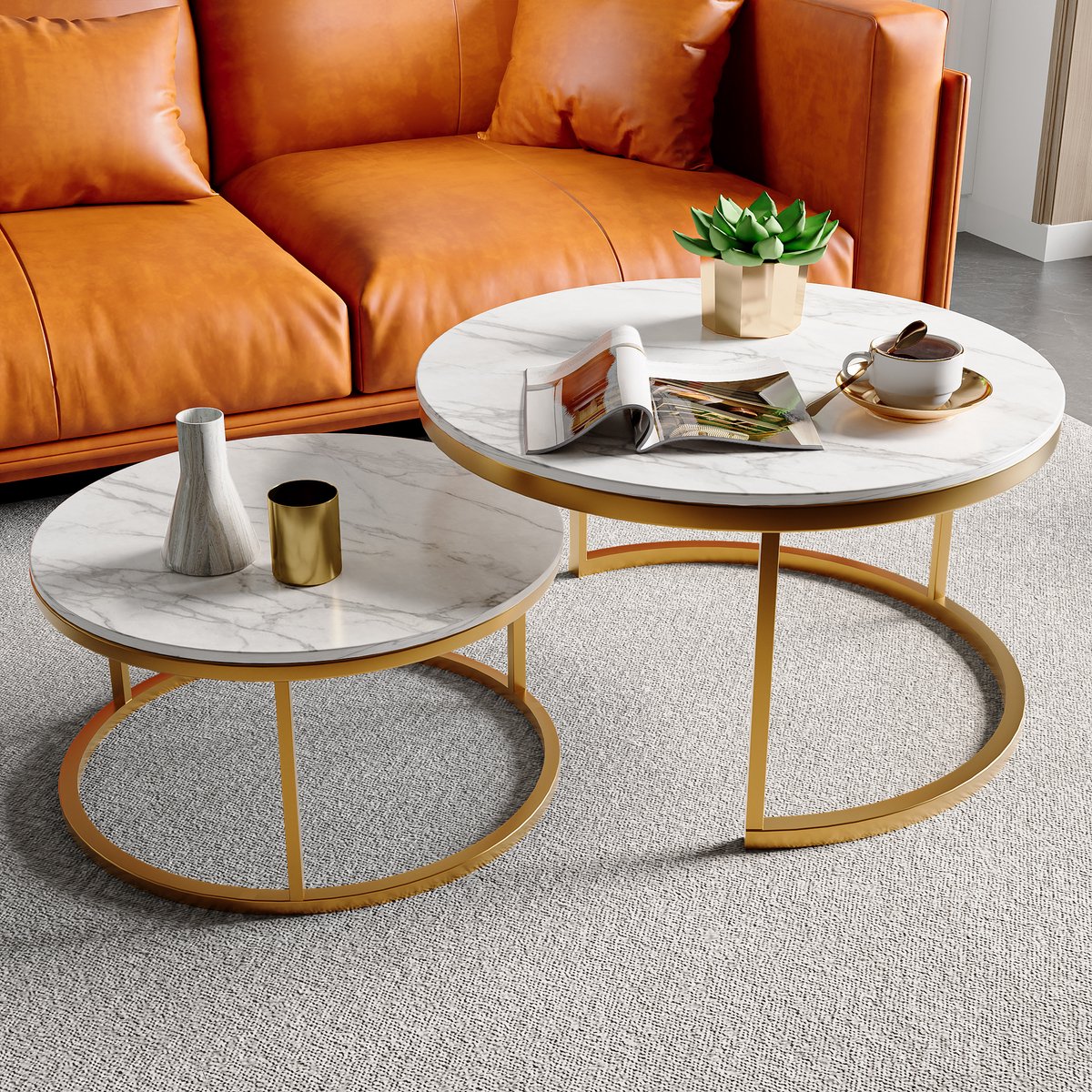 Ronde salontafel set van 2, koffietafel en bijzettafel met metalen frame en MDF blad, moderne woonkamer tafel wit met gouden poten