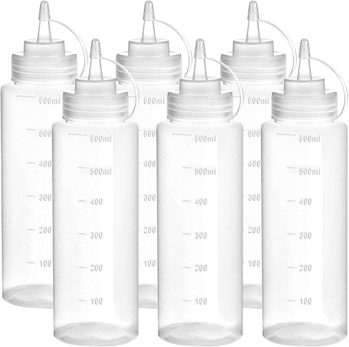 SnelShoppen - 6 Stuks Plastic Knijpfles voor Ketchup, Mosterd, Olijfolie en Dressing, 600ml, BPA Vrij, Herbruikbaar, Levensmiddelveilig, Keukenaccesso