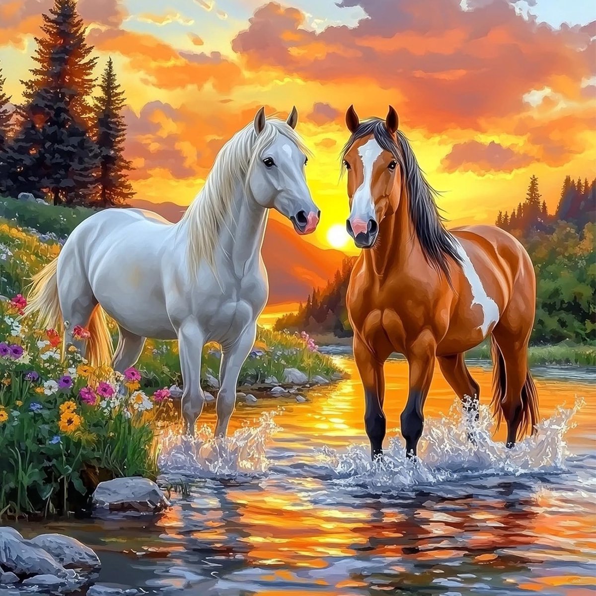5D zonsondergang paarden diamant kunst schilderij kit, doe-het-zelf kristal kunst diamant schilderij foto's, volledige boor canvas foto diamant schilderij kits voor volwassenen, thuis muur