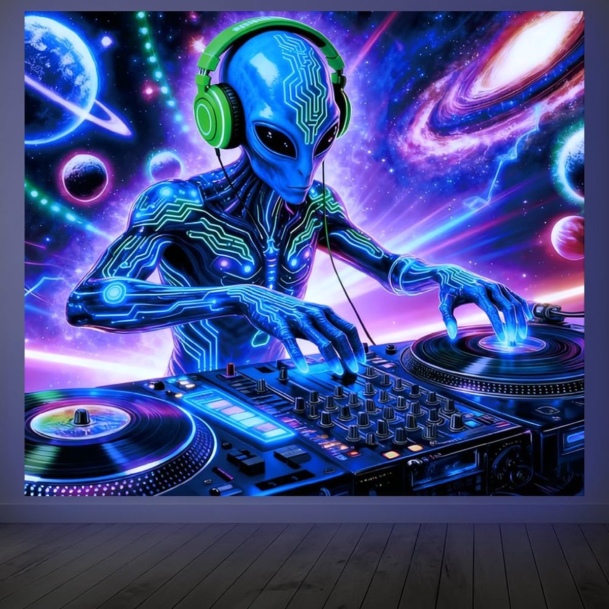 Muurtapijt Alien DJ Fluorescent Neon Buitenaards Fosforescent Reactief op UV 5951 x (5) cm met Haakje