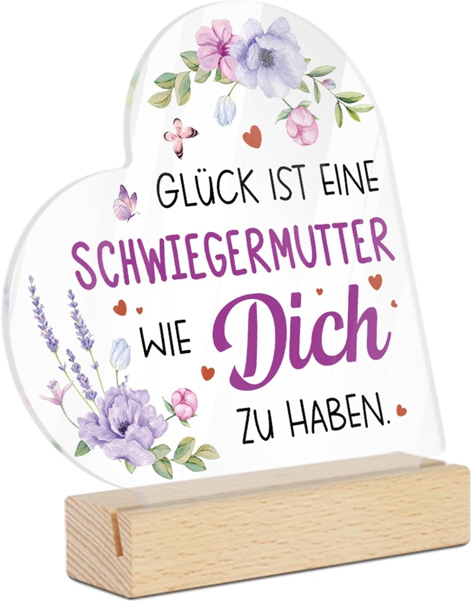Decor Acrylbord met houten sokkel – "Glück ist ein schoonmoeder wie dich zu haben" – cadeau-idee voor schoonmoeders – decoratie met bloemenmotief