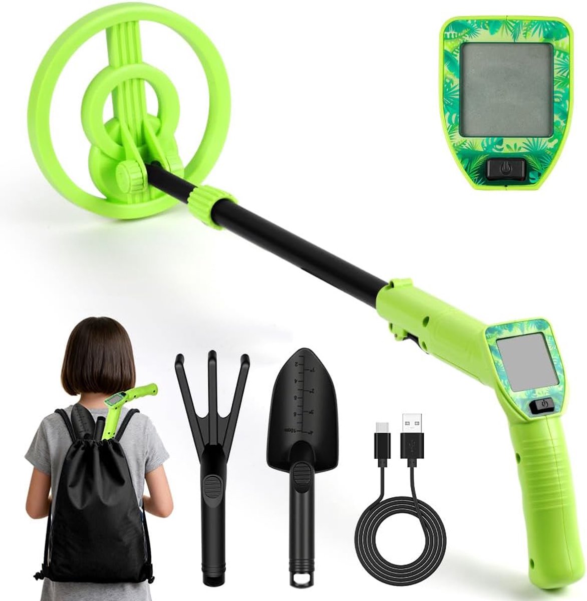 Metaaldetector voor kinderen, oplaadbare IP66 waterdichte metaaldetectoren met LCD-scherm, lichtgewicht hoge nauwkeurigheid metaaldetector voor kinderen, gouddetector voor beginners met