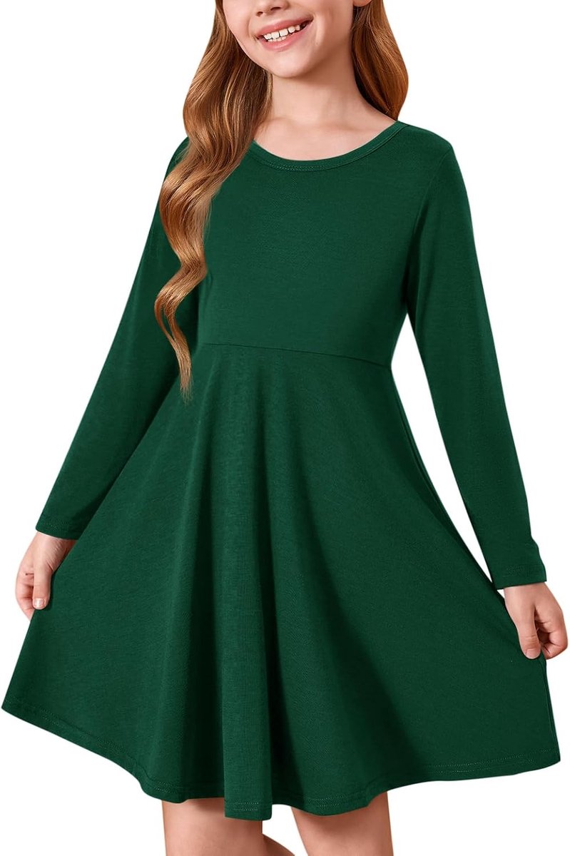 Meisjesjurk met ronde hals en lange mouwen, voor kinderen, effen, A-lijn, vrijetijdsjurk, elegant, casual, feestjurk, 5-14 jaar