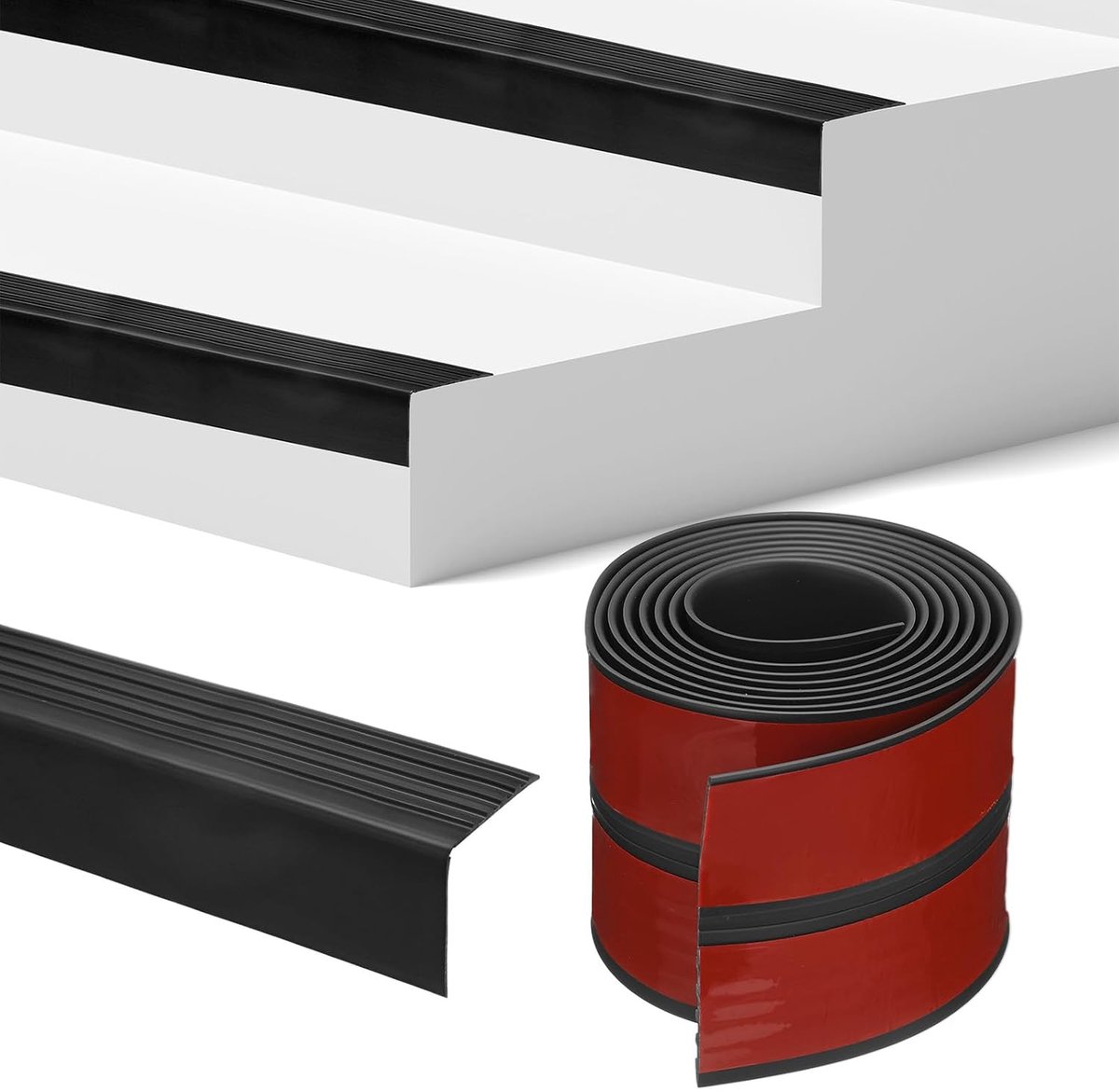 METERXITY Traprandlijst 7FT vinyl rubber traprand, antislip, zelfklevende trapneusproprandbescherming voor binnen en buiten trappen [zwart, 1,89 inch)
