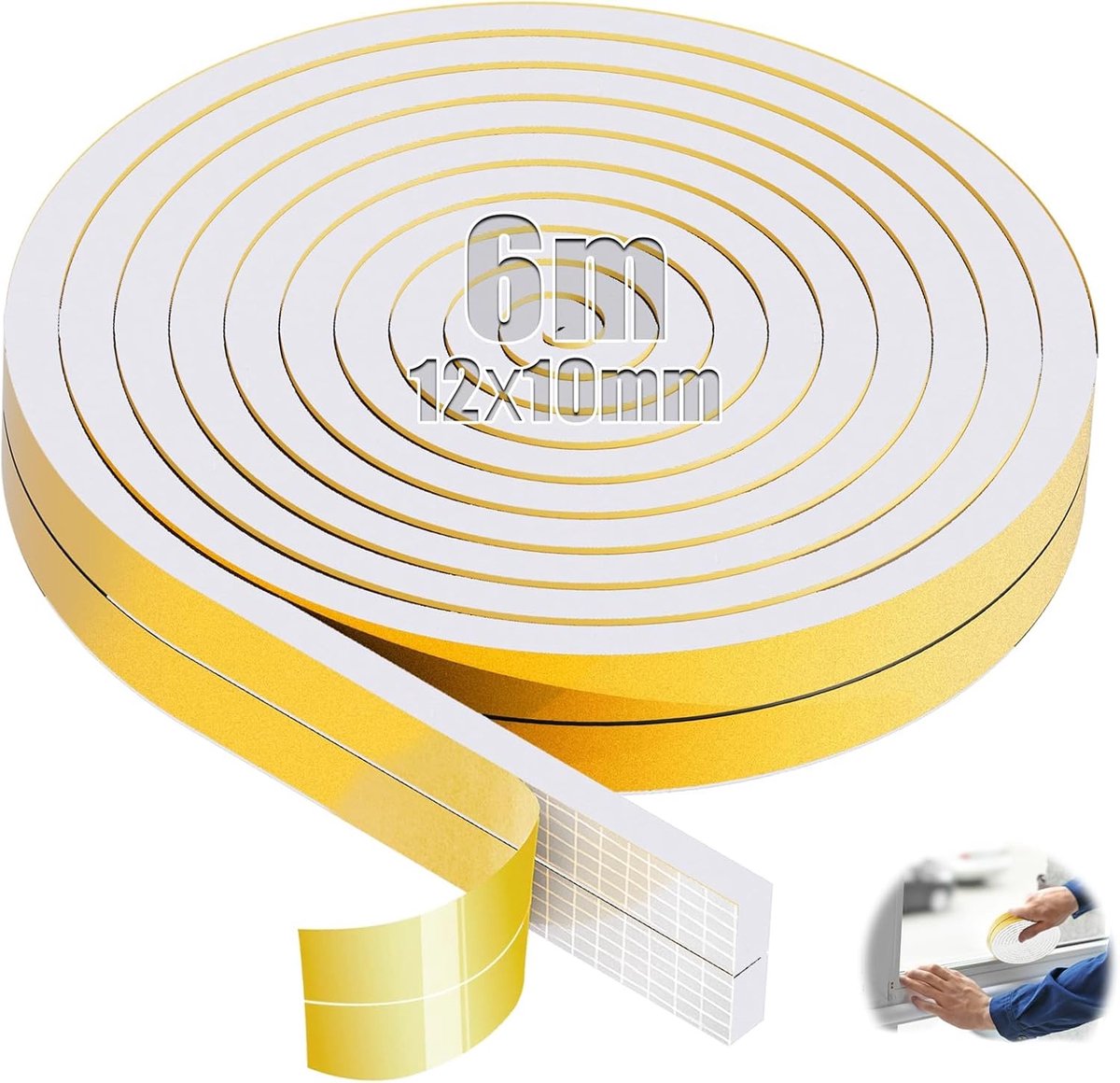 6m Schuimrubber Zelfklevend 12mm(B) x10mm(D) Afdichtingstape Zelfklevend Wit Onderlegband Schuimstofband Deurafdichting Afdichtingstape voor Raamvoegen Kastdeurranden Deur Kookplaten