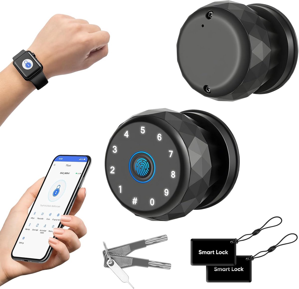 Smart vingerafdrukdeurslot met toetsenbord, biometrische deurknop en app-bediening, sleutelloze toegang voor kantoor, garage, woning, lokale gegevensopslag, compatibel met Apple Watch, zwart