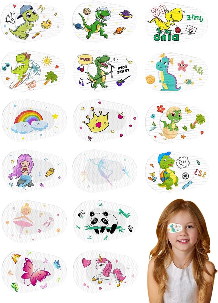 16 stuks zelfklevende oogpleisters, ademende ooglapjes, schattige grappige oogverband cartoon, lichtblokkerende oogklep voor zwakke ogen, kinderen, meisjes, jongens, volwassenen