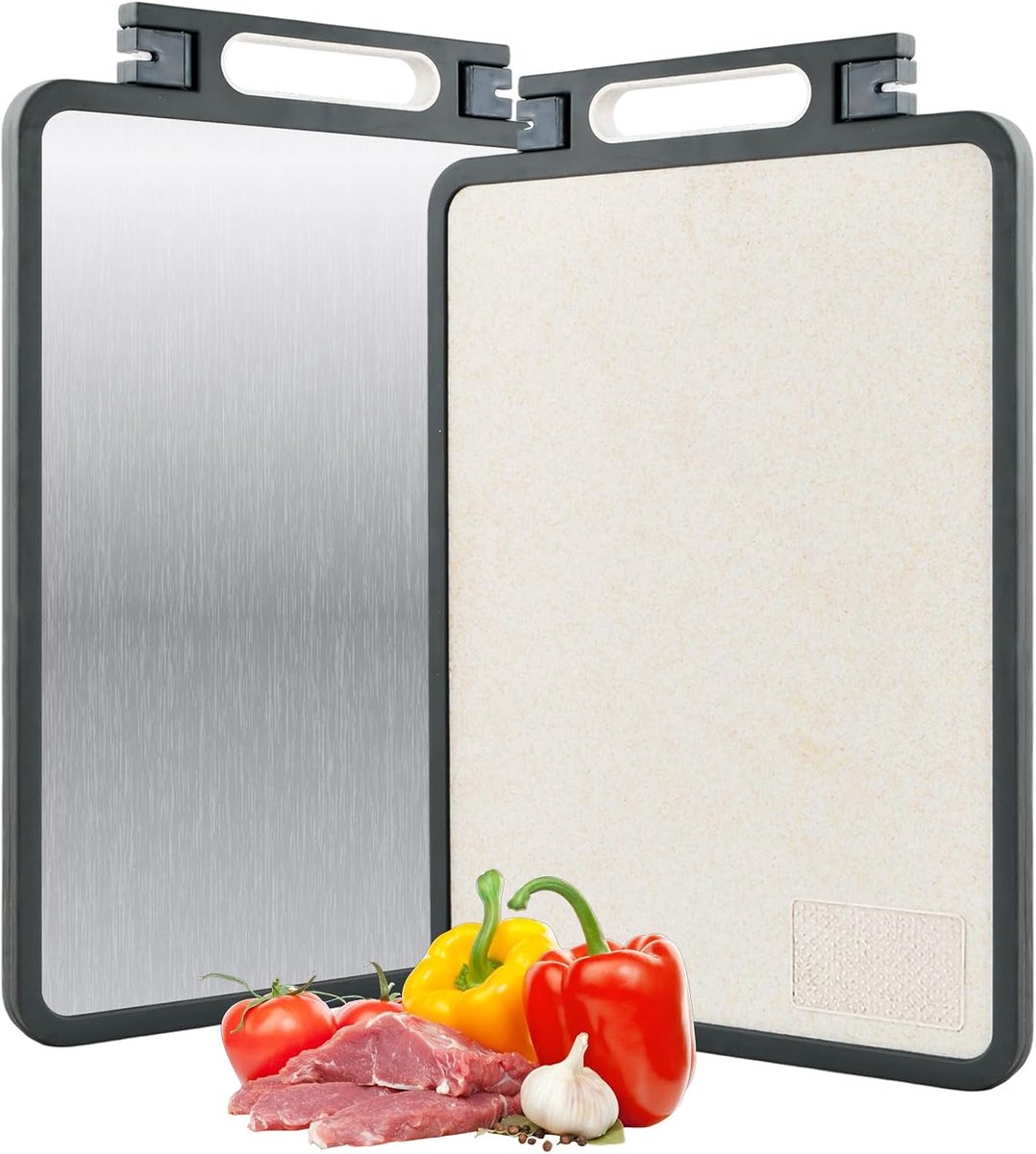 2-in-1 snijplank, antibacteriële snijplank, dubbelzijdige snijplank van roestvrij staal 304 en tarwestro voor groenten/vlees/fruit, 45 x 31 cm (A)