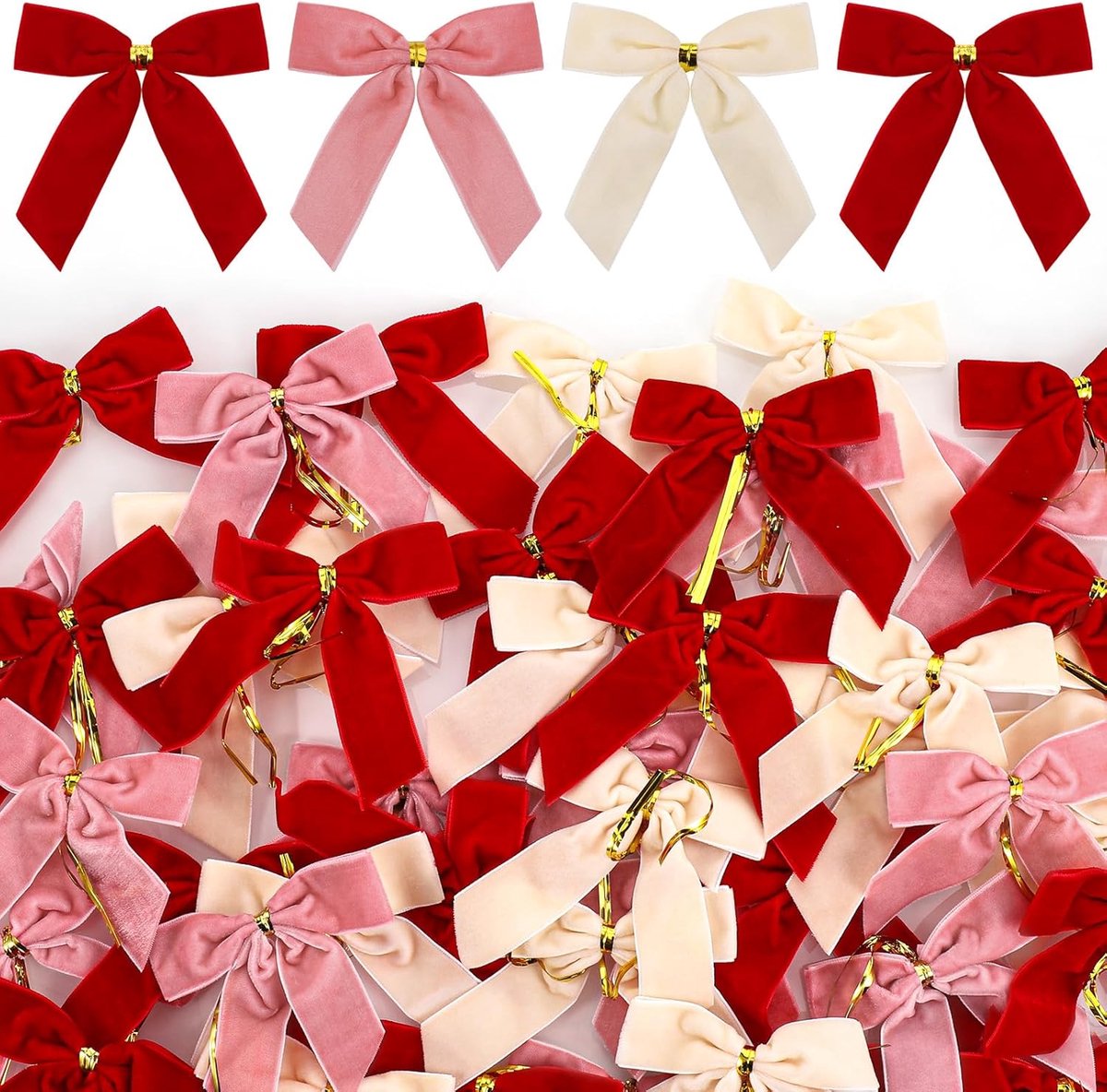 50 stuks kerstboomstrik, 12 x 10 cm, fluweel, kerstbogen met bevestiging, decoratie voor kerstboom, kerstbomen, geschenkverpakking (rood + roze + beige)