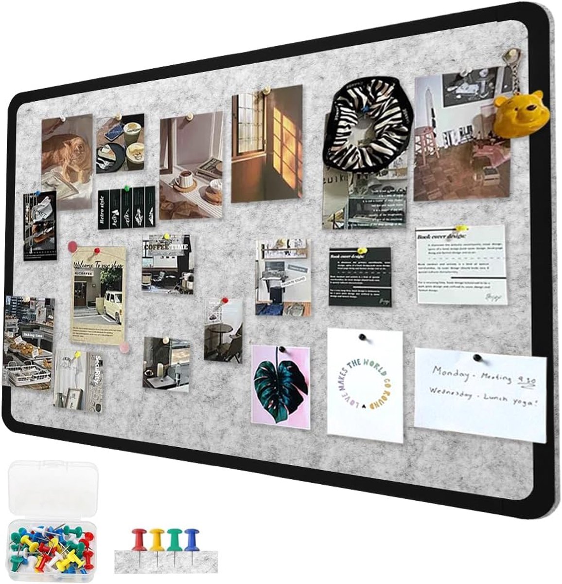 rechthoekig vilten prikbord, groot, modern aanslagbord met 25 priknaalden voor thuis, kantoor en school, decoratief vilt, zelfklevend