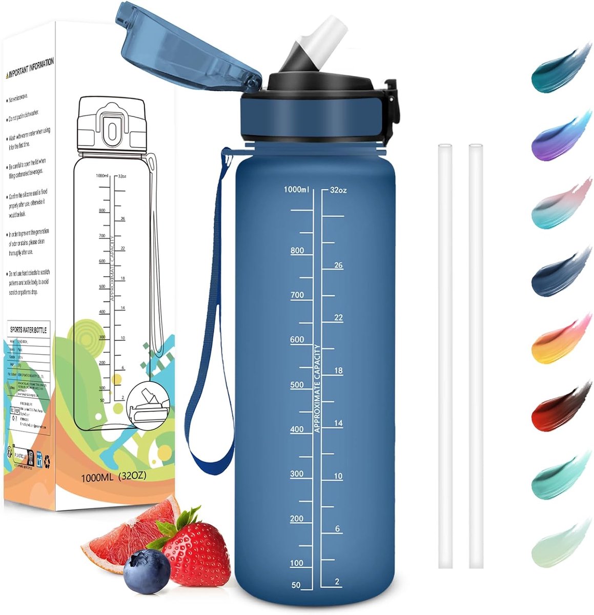 Drinkfles, 1000 ml, Lekvrij, Drinkfles met Rietje, Recyclebaar, Sportfles, BPA-Vrij, Motiverende Drinkfles met Tijdmarkering voor Sportschool, Kantoor, Hardlopen, Fietsen, Donkerblauw