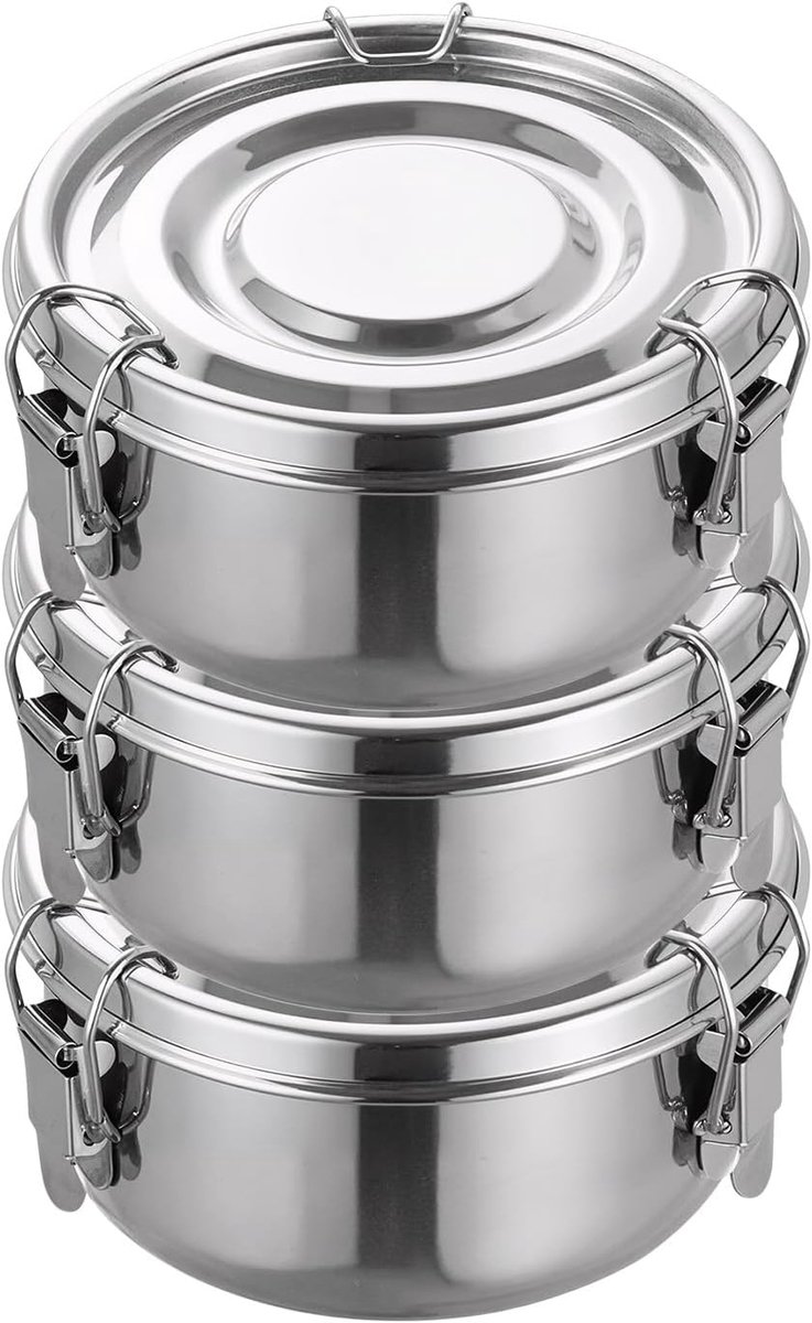 3 Roestvrijstalen Broodtrommels, 360ml Lunchbox Lekvrije Luchtdichte Voedselcontainer, Bento Box met Deksel en Dichtingsring voor Meal Prep, Snacks, Fruit, Muesli en Kruiden