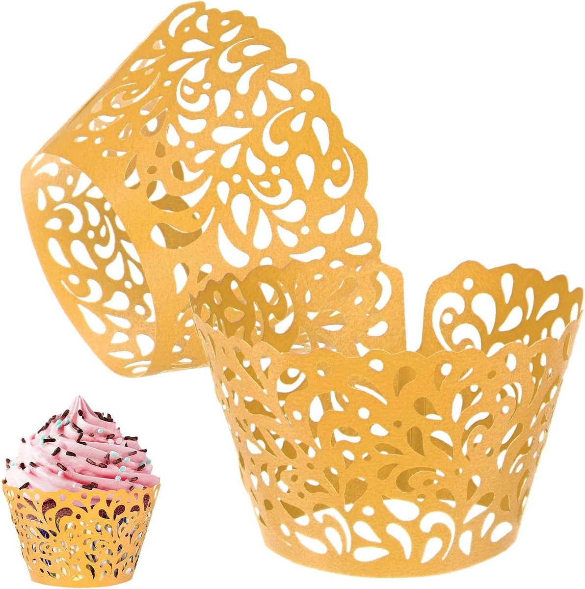 METERXITY 50 stuks cupcake-wrappers, parelmoer kunstpapier, waterdruppel, kant holle cupcake-voeringen voor bruiloft/verjaardagsfeestje decoratie, bakpapier voor cake [goudkleur]