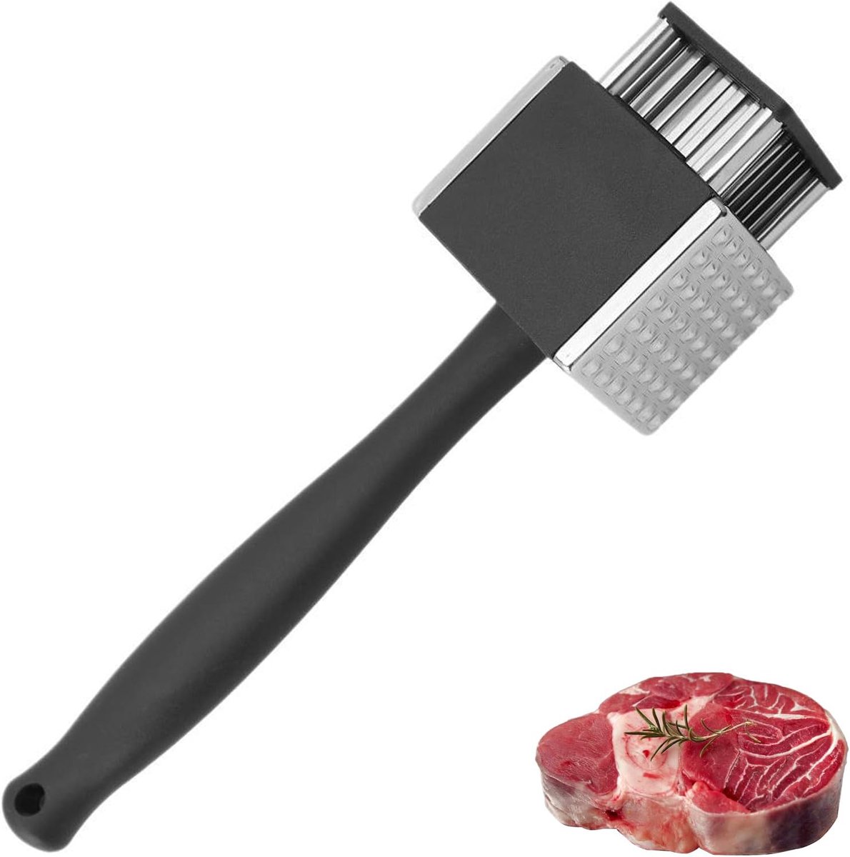 Vie Vleesvermalser, 3-in-1 Vlees Tenderizer van Roestvrij Staal met 42 Naalden & 49 Knoppen, Intrekbare Veiligheidskap Robuuste Vleeshamer, Keukengereedschap voor Biefstuk, Kip, Varkensvlees, BBQ