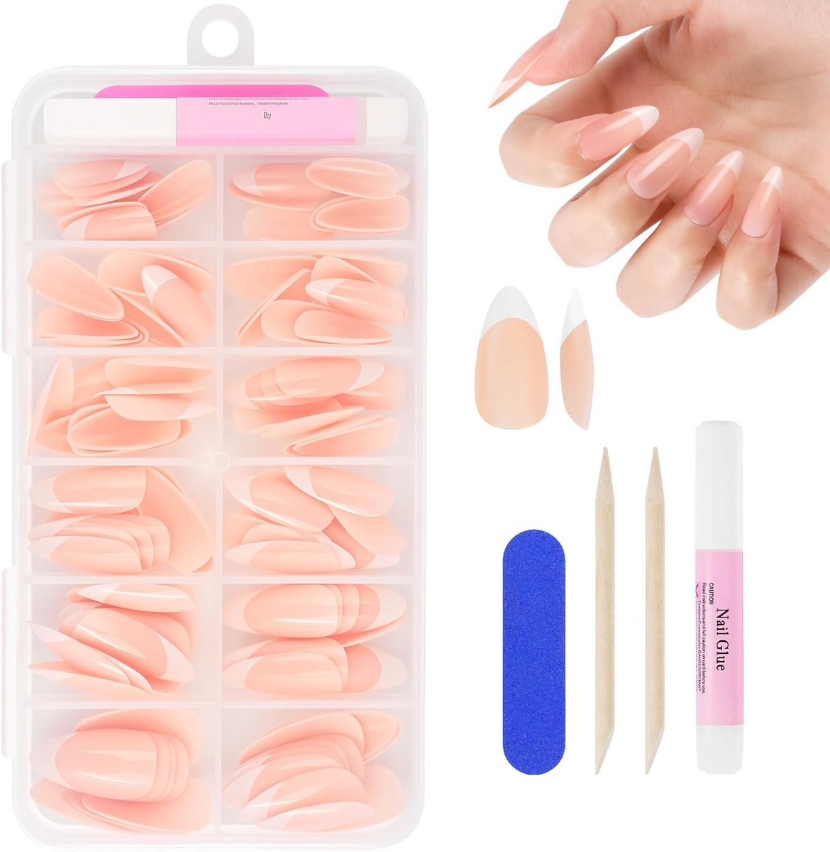 120 stuks valse nageltips, Franse valse nagels om op te plakken, 15 maten, French Press On nagelset, kunstnagels met lijm, voor dames en vrouwen (wit, nude, medium amandel)