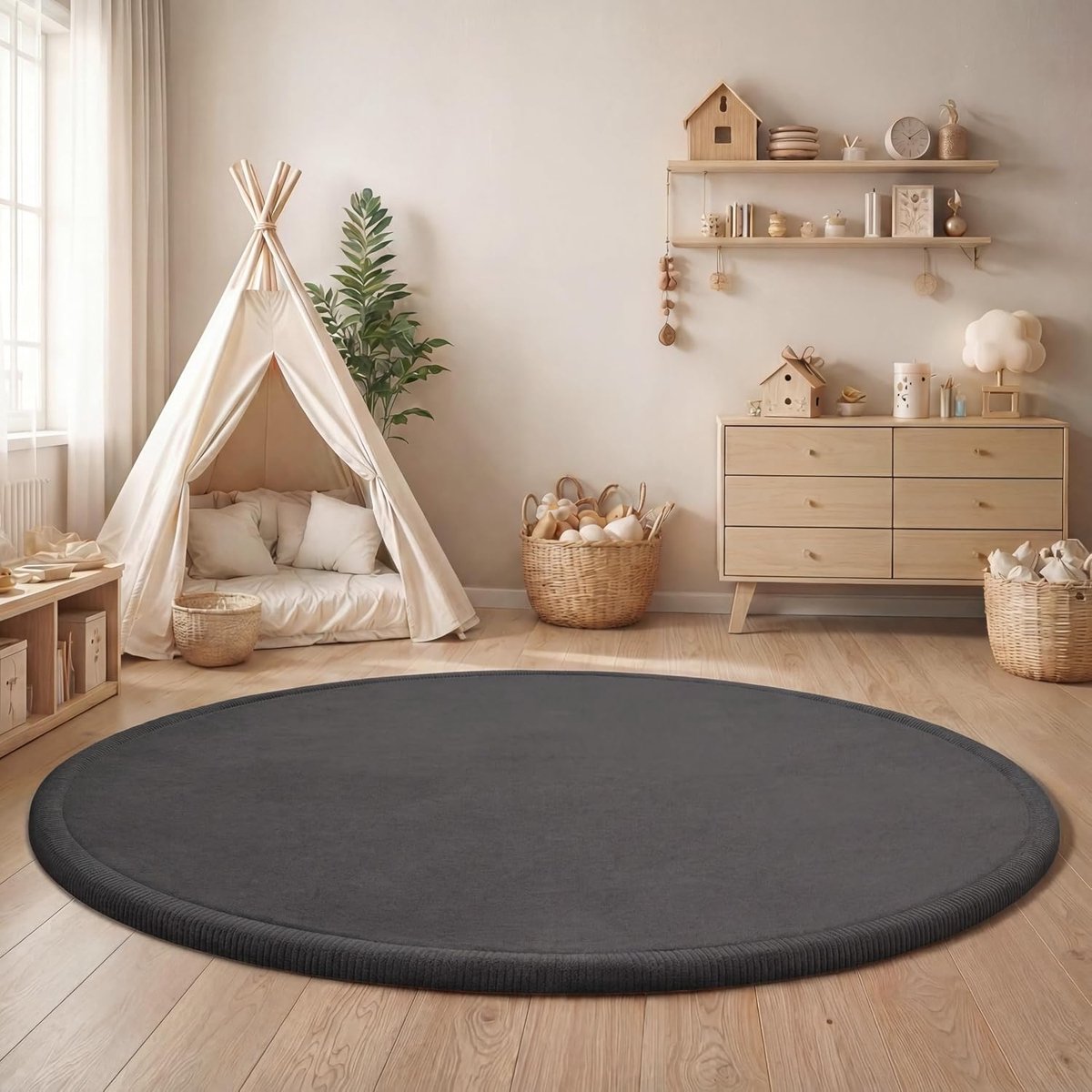 Home Tapijt Voor Kinderen Vloerkleed Kinderkamer Zacht Antislip Modern, Maat:Ø 80 cm rondje, Kleur:Antraciet