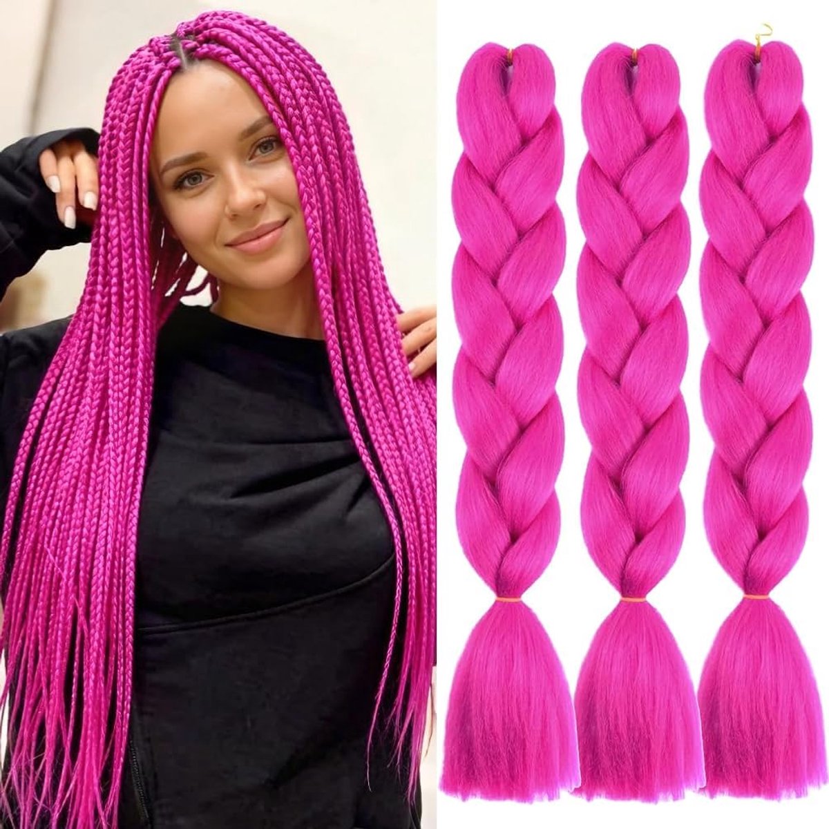 3 stuks/pak haarverlengingen voor vlechten, gehaakt en gedraaid haar, heet roze kleur, Yaki synthetisch gemakkelijk jumbo vlechten vooraf uitgerekt Afrikaans boxvlecht haar 60 cm/24 inch