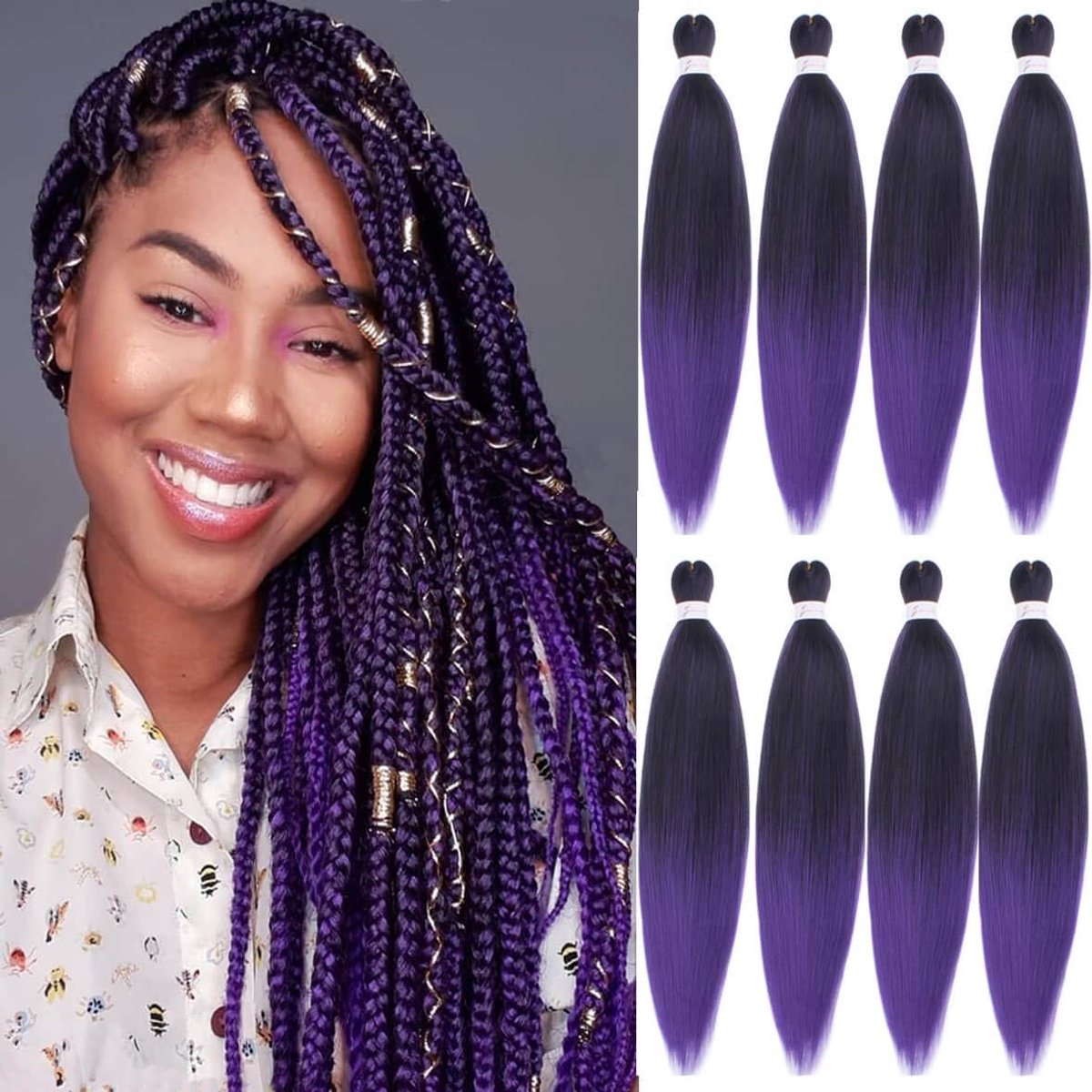 8 Packs EZ vlechten haar ombre paars haar extensions voorgerekt gevlochten haar 66 cm Yaki textuur synthetische kanekalon vezel gehaakte vlechten haarextensie / 66 cm 1BPU#
