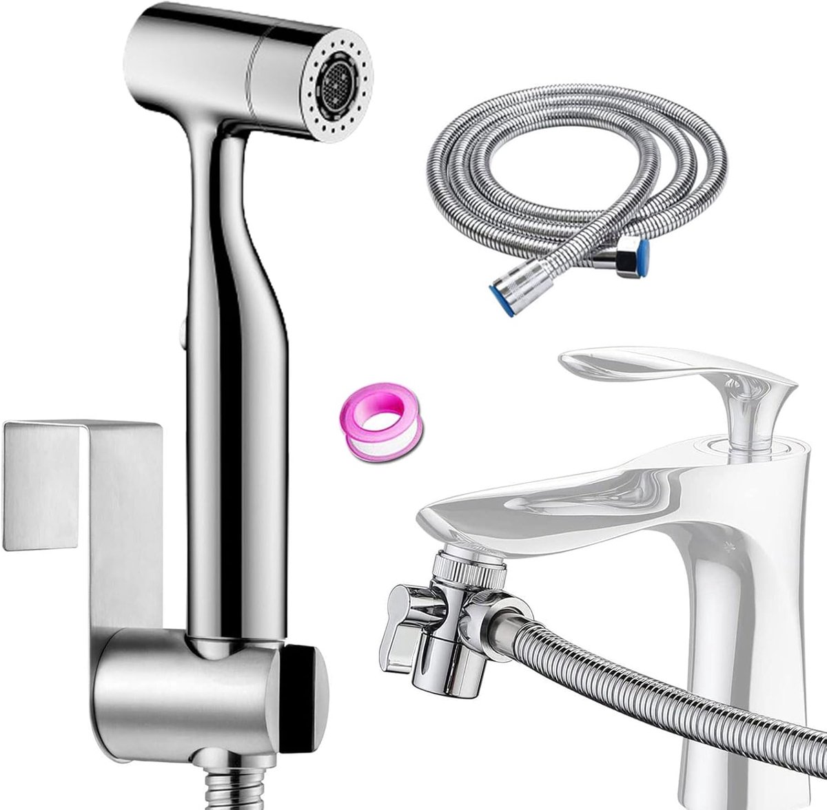 Bidet handdoucheset, multifunctionele waterreinigingssproeier met dubbele modus (jet/stream), levering met kraandispenser, slang- en haak-wc-opzetstuk, sproeikop van ABS