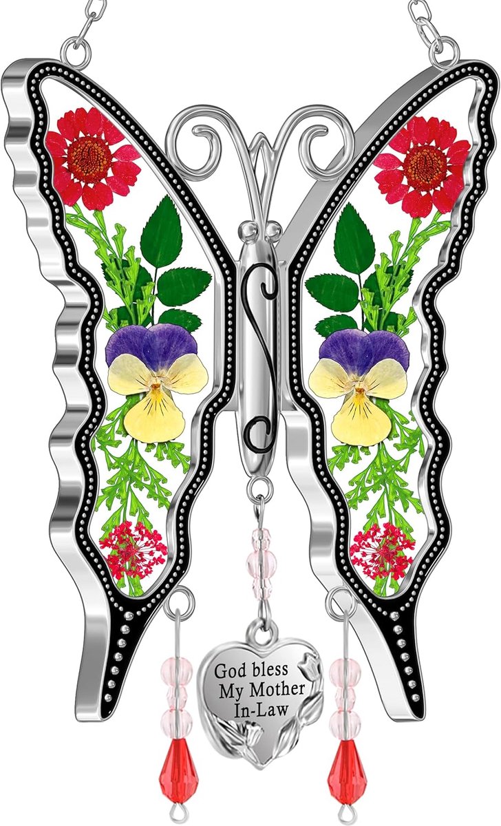 Gifts for Mom Suncatcher Butterfly God Bless My Mother-in-Law Gifts Mothers Day Stained Glass Sun Catcher Hanging Wind Chime Ornament for Window Gift for Women Valentine`s Birthday Christmas