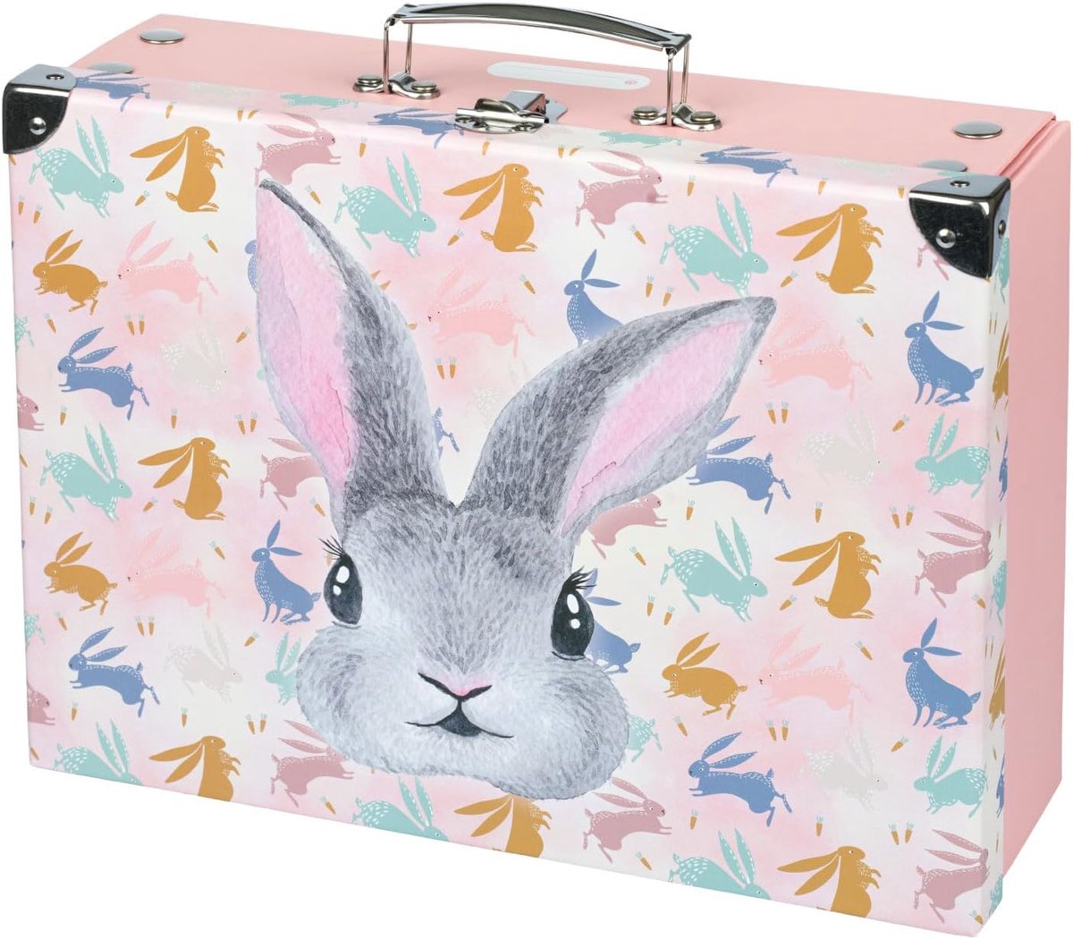 Kinderkoffer voor speelgoed en schoolbenodigdheden, kartonnen koffer, speelgoedkoffer, speelkoffer, opvouwbare kinderkoffer, vouwkoffer met metalen handvat, bunny, 26 x 32,5 x 10,5 cm