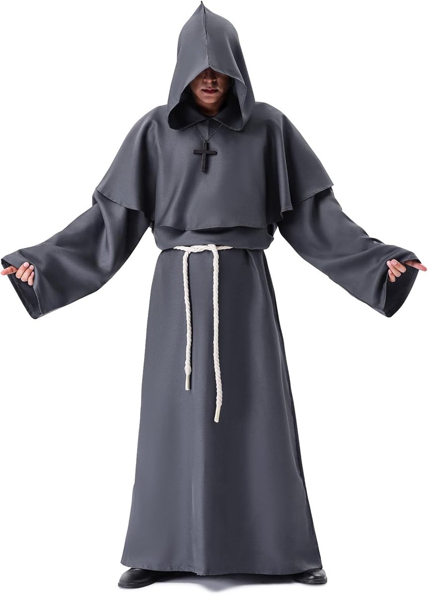 JUN Halloween Kostuum Heren, Carnavalskostuum Mannen Carnaval Kostuum | Middeleeuwse Mantel met Capuchon Carnaval Kostuum Kleding Middeleeuwse Kleding voor Heren Volwassenen (Grijsd, XL)