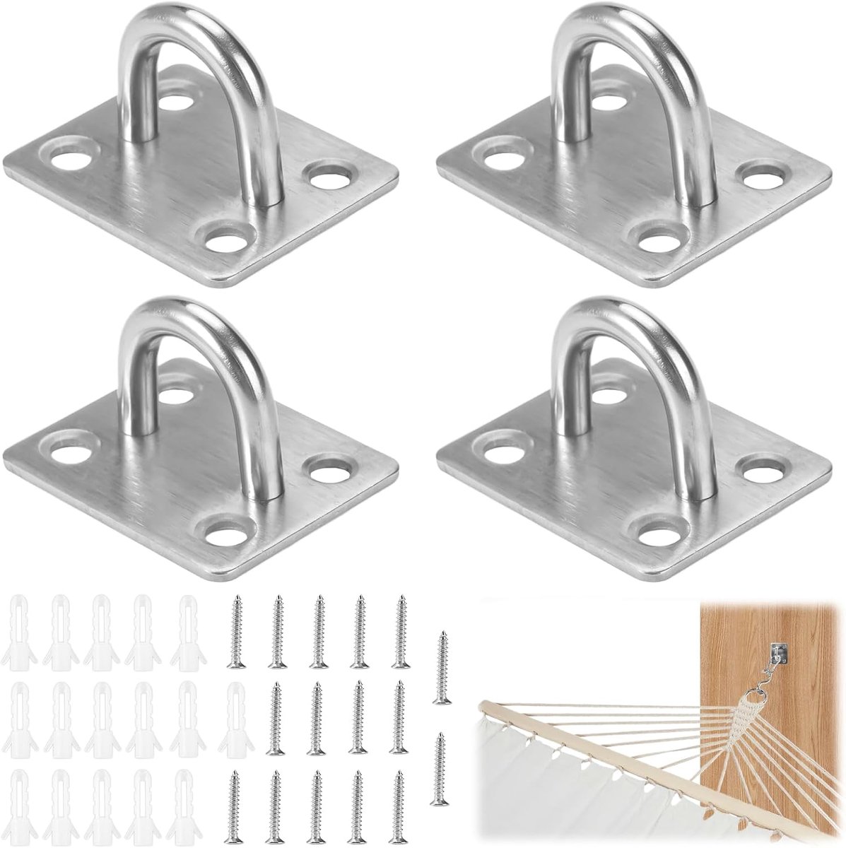 4 stuks oogplaten met oogje, robuuste zilveren oogplaatset, 46 mm x 37 mm oogplaat roestvrij staal, 304 roestvrij staal plafondbekleding oogplaten U-haken voor wandhaken, netten, touwen, hangmatten,