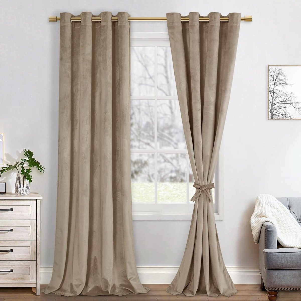 Fluwelen verduisteringsgordijnen, set van 2 taupe fluwelen gordijnen, zachte ondoorzichtige gordijnen, groene fluwelen gordijn met oogjes voor decoratie, slaapkamer, woonkamer, 140 x 245 cm (b