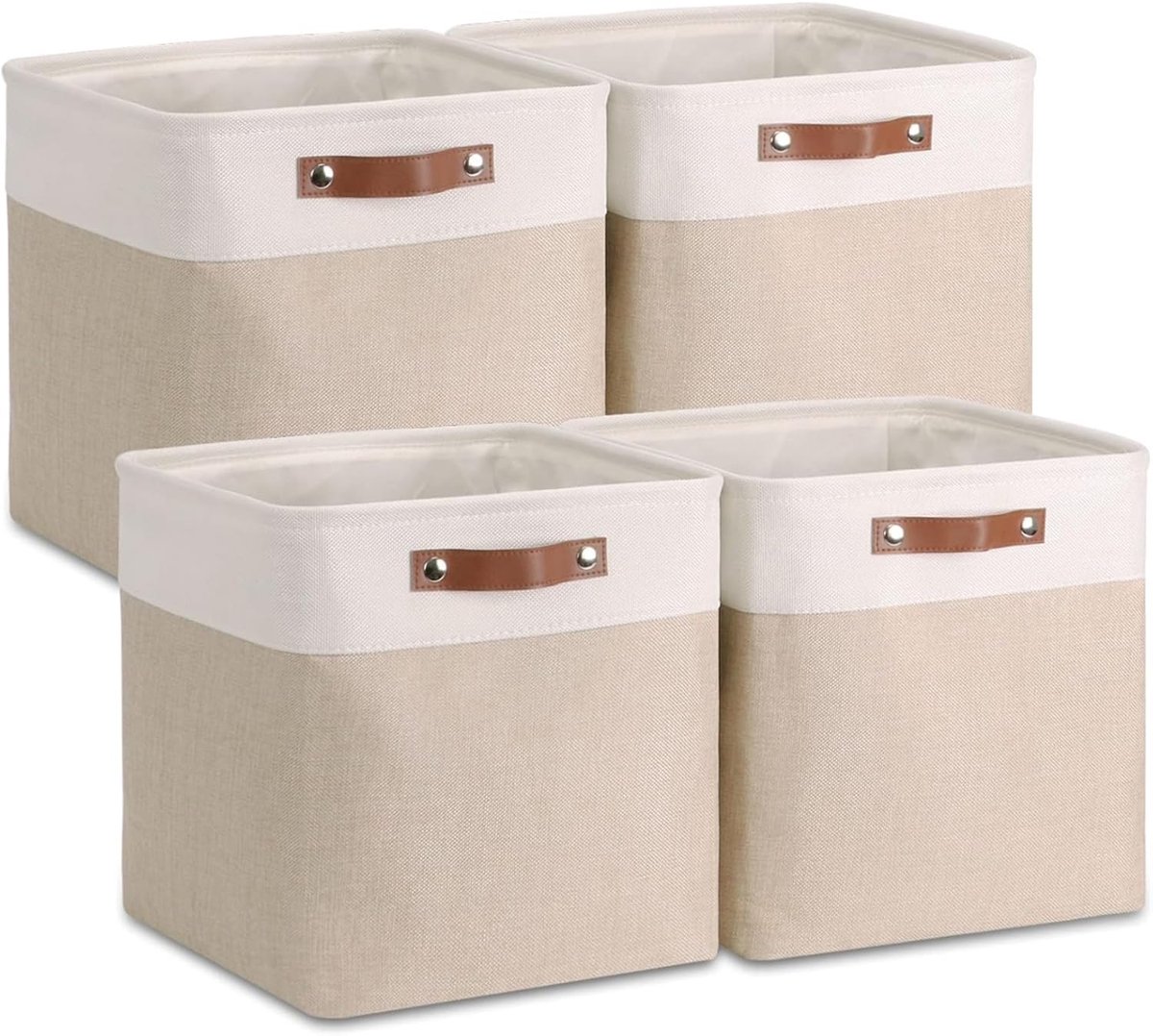 Stof 25x25x25cm, Set van 4 Kubusvormige Opbergmanden voor Kast, Plank en Kleding, Kaki & Wit