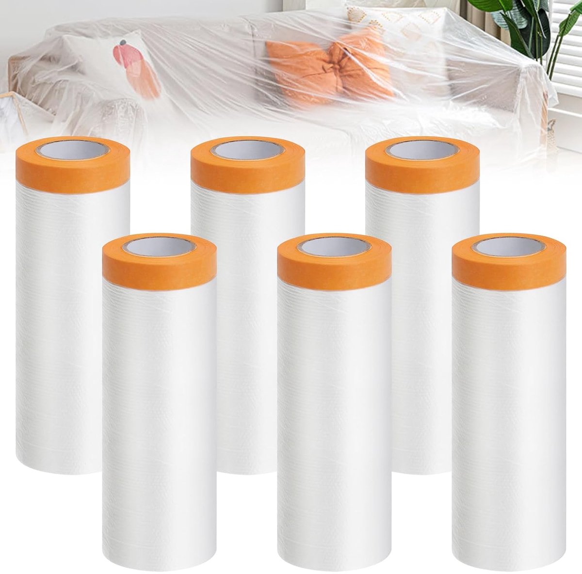 6 rollen afdekfolie, plakband, 150 cm x 20 cm, transparante afdekfolie met textieltape, zelfklevende schilder-afdekfolie, uv-bestendig PET-masker, gouden band, masker voor stofbescherming