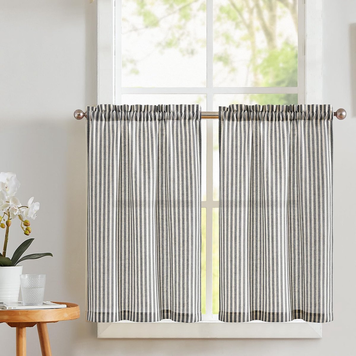 Linnenvitrage, keuken, modern, linnenlook, gestreept, korte bistrogordijnen, set van 2, 65 x 90 cm (b x h), lichtdoorlatend, keuken, landhuisstijl, gordijnen, kort met stangdoorgang, caravan