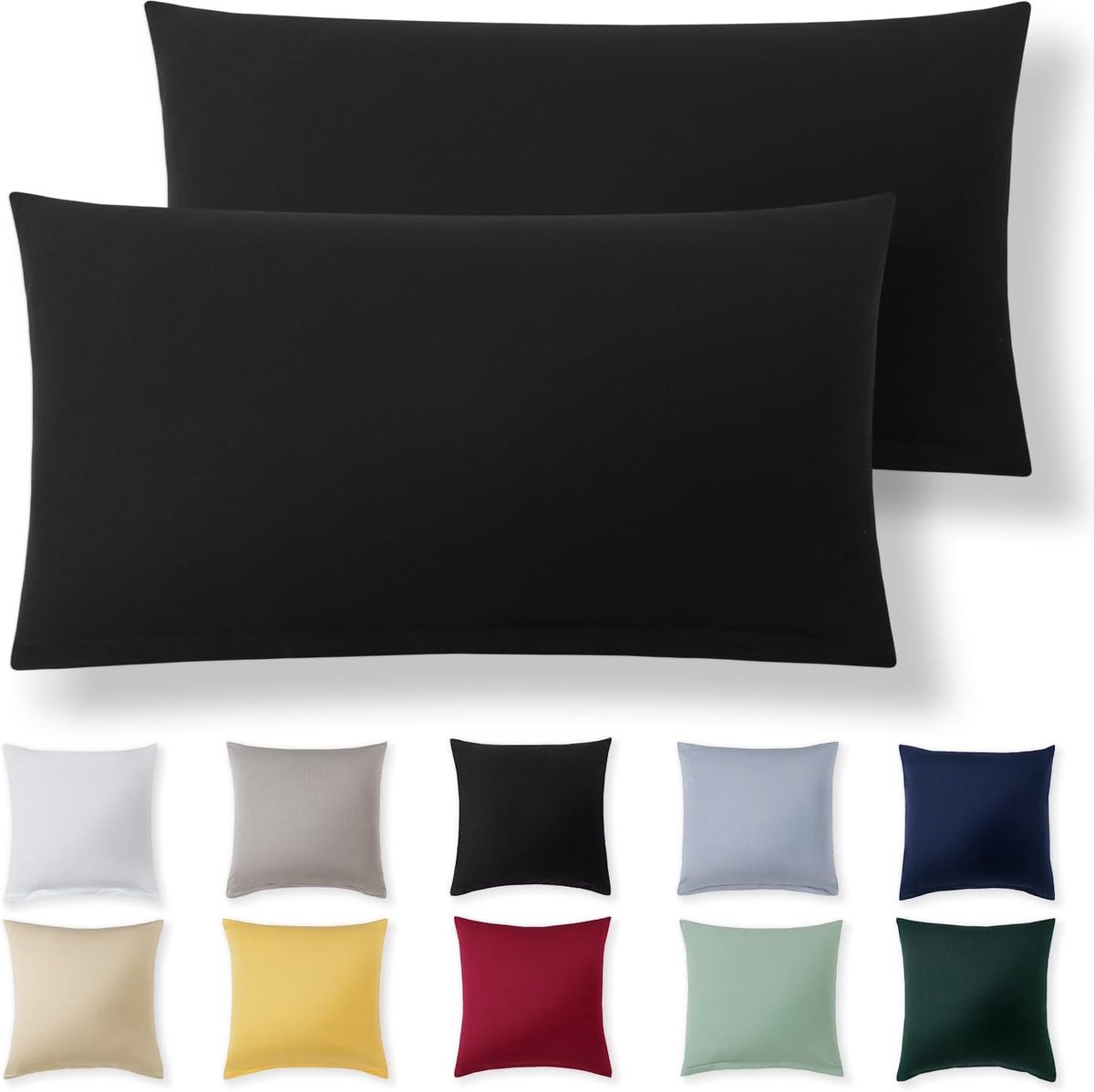 Kussensloop 40 x 70 cm (set van 2) - zwart - 100% jersey katoen - kussensloop voor kussen 40 x 70 cm, jersey hoofdkussenslopen, superzachte kussenslopen, 40 x 70 cm met ritssluiting