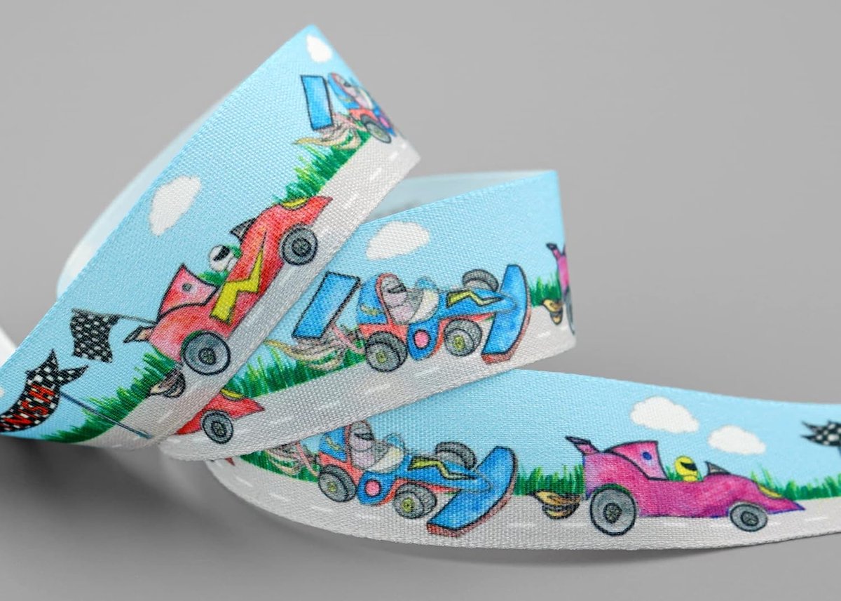 25 m x 25 mm Racing Cars decoband zonder draad, motorsport, autorace-spel, sport, kinderen, verjaardag, racevoertuigen, blauw, rood, groen, lint, cadeaulint, auto's, Formula-1