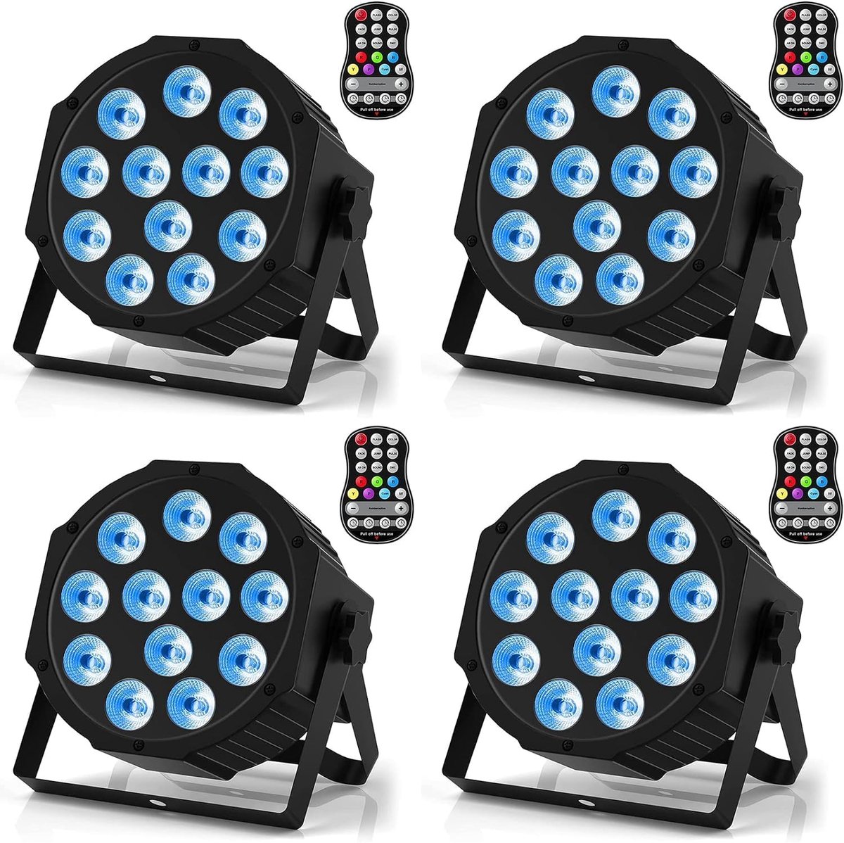4 stuks oplaadbare RGBW LED Par, 12 LED-spots, accu met functie, timer en 7 verlichtingsmodi, 8CH LED podiumverlichting voor bruiloft, bar, DJ, show, disco