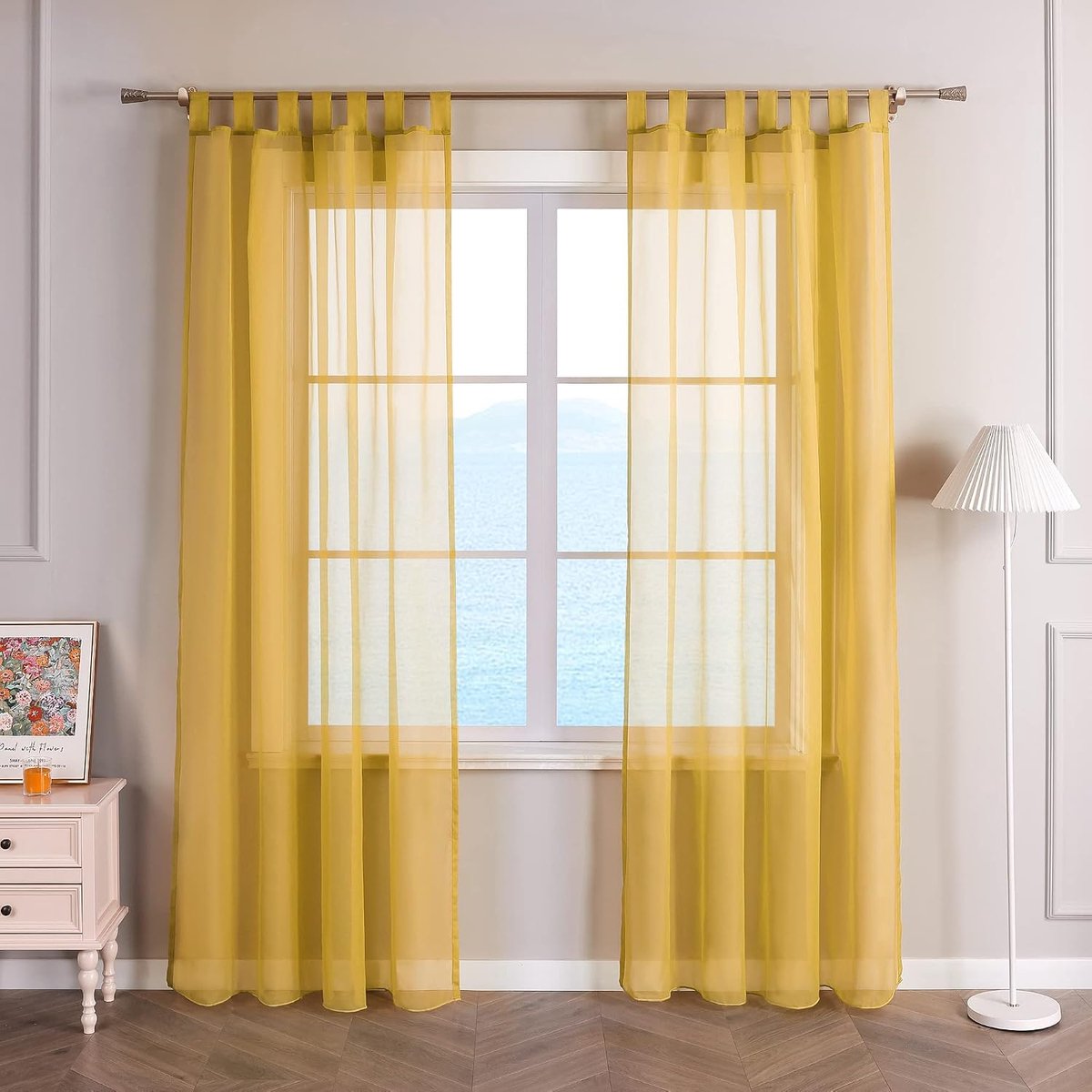 Gordijnen met lussen, transparante raamgordijnen, voile met lussen, geel B x H 140 x 225 cm, 1 stuks