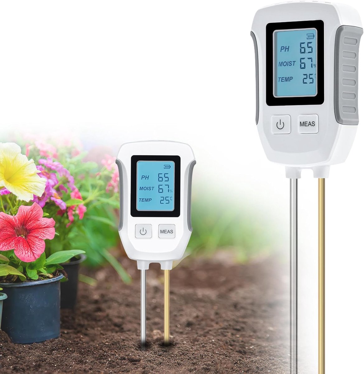 3 in 1 Bodentester, Digitale pH Bodentester, Vochtigheid en Lichtmeter met Verlicht LCD-scherm voor Tuinieren, Landbouw, Buitenkweek