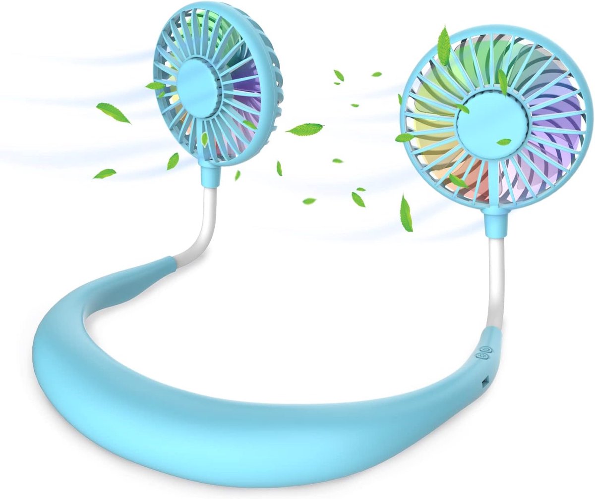 draagbare mini-USB-ventilator, voor om de nek, handsfree, oplaadbaar, met nekbeugel, bureauventilator, 3 snelheden, ledlicht.