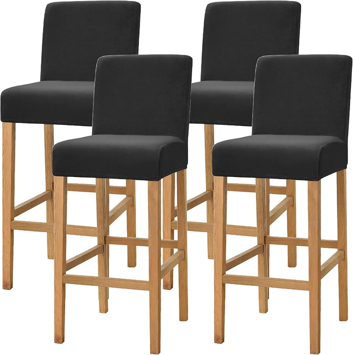 Hoge stretch hoes voor barkruk, pub, fluwelen stoelhoes voor eetkamer, café, barkruk, hoes, meubelstoelhoes, antislip met elastische onderkant, set van 4, zwart