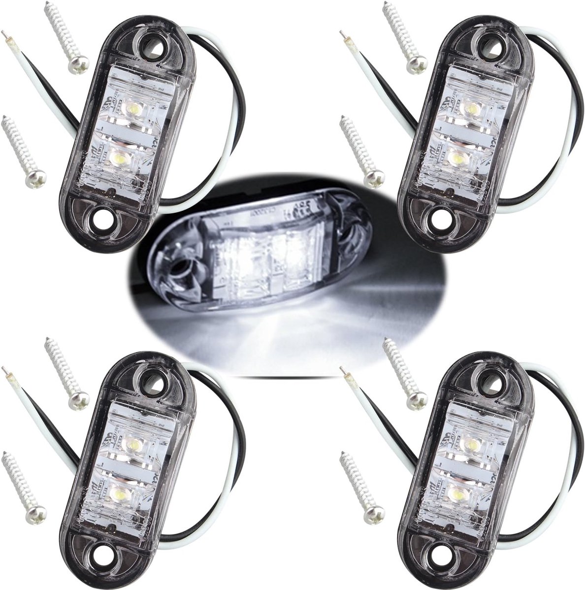 4 stuks Ledlampen, zijmarkeringslichten, IP65, ovaal, 12 V/24 V, voorlicht, achterlichten, universeel, positie-indicator, voor vrachtwagen, aanhanger, bestelwagen, caravan, auto, bus, boten, wit