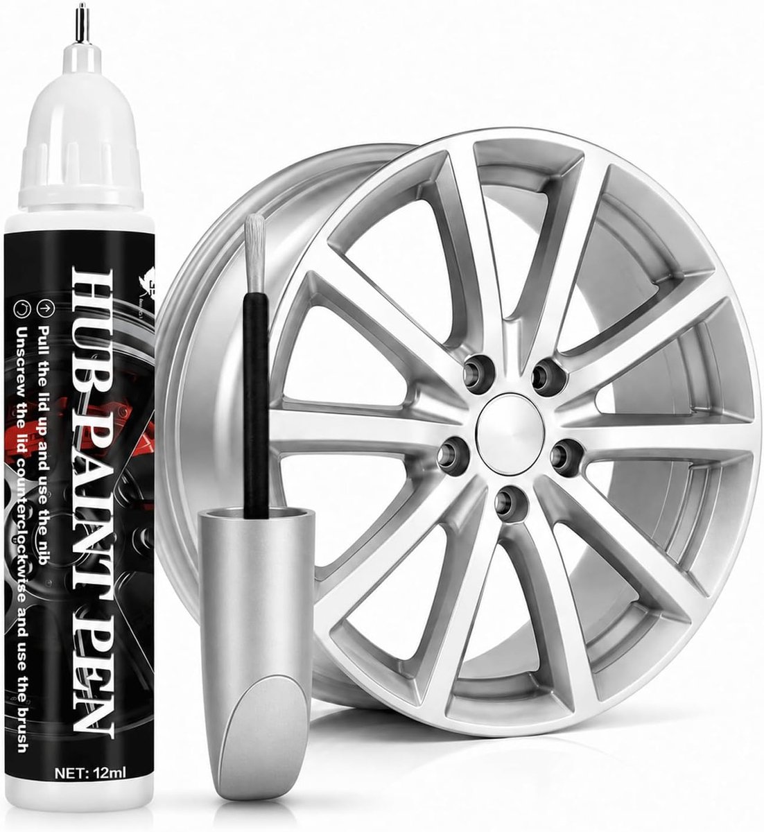 SnelShoppen - Lakstift Zilver Metallic Auto 2-in-1 voor Velgen en Carrosserie, Sneldrogende Velgenlak, Reparatieset met Punt en Kwast, 12 ml voor Kras