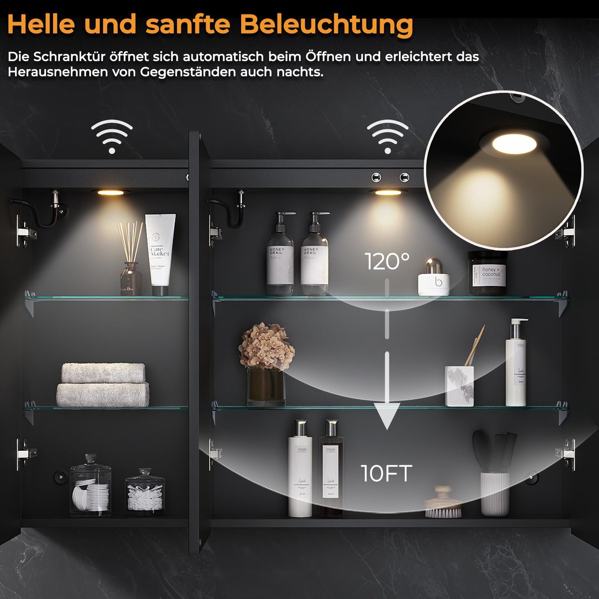 SnelShoppen - SVNR Spiegelkast Badkamer met Verlichting 100 x 60 x 13 cm, 3 Glazen Deuren, 3 mm Kopervrije Cosmetische Spiegel, Verstelbare Planken, R
