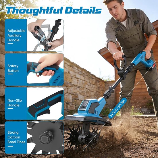 Elektrische Grondfrees - Tuinfrees Bodemwoeler - Tuinonderhoud Bodembewerking - Draadloos Werken 2 Accu's - 23 cm Werkbreedte - Blauw — afbeelding 5