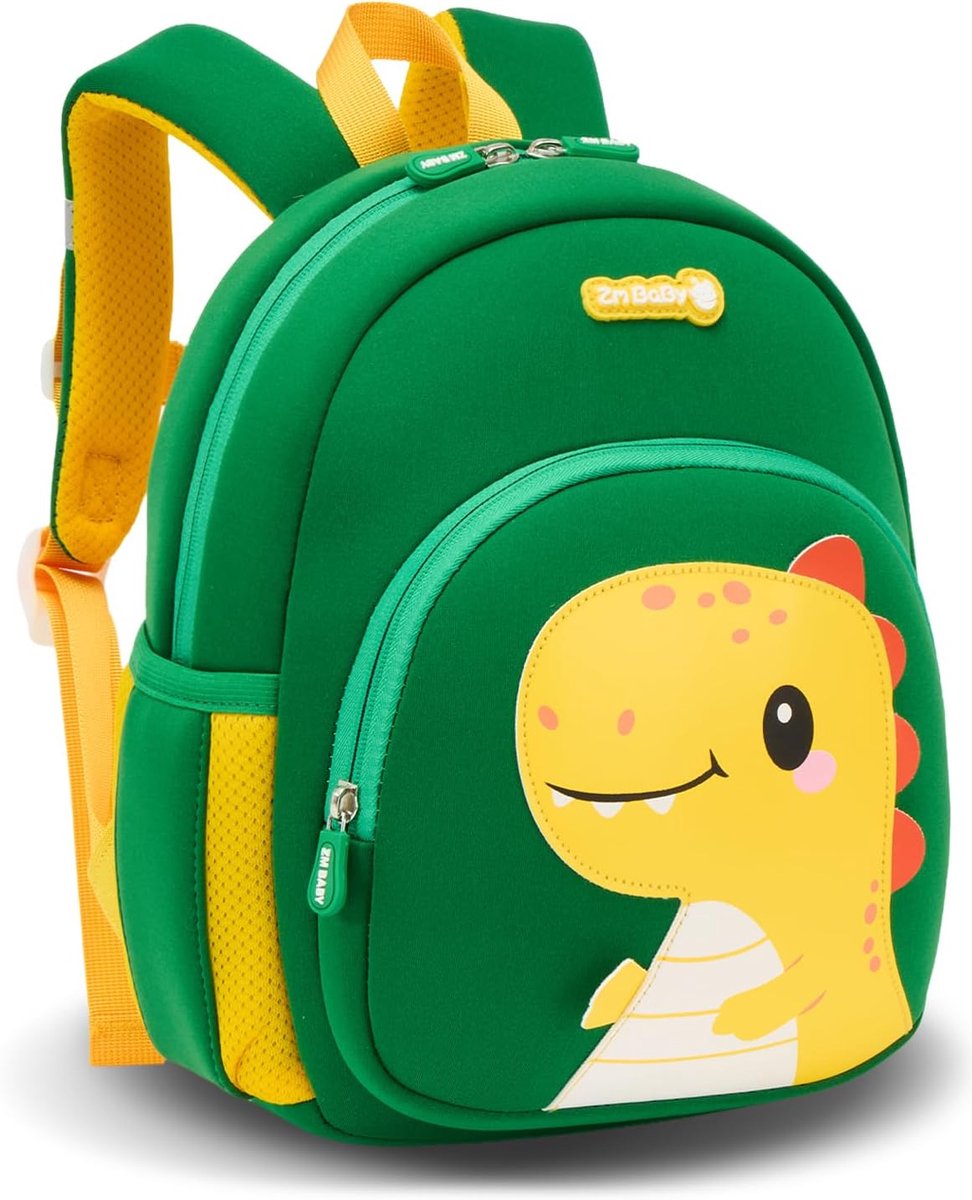 SnelShoppen - Kleuterschoolrugzak voor kinderen met borstband, 3D dinosaurus, waterdicht, ademend, neopreen, 10,8 liter, groen, voor 2-5 jaar, perfect